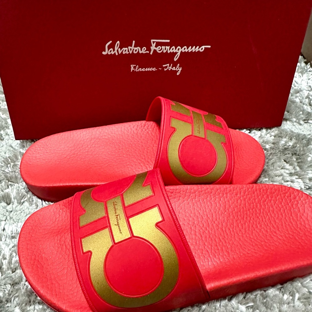Salvatore Ferragamo Red and Gold Slides